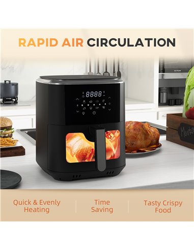 HOMCOM 6.7L 4 in 1 Air Fryer, Bake, Roast and Dehydrator with Digital Display, Rapid Air Circulation, Adjustable Temperature, Ti