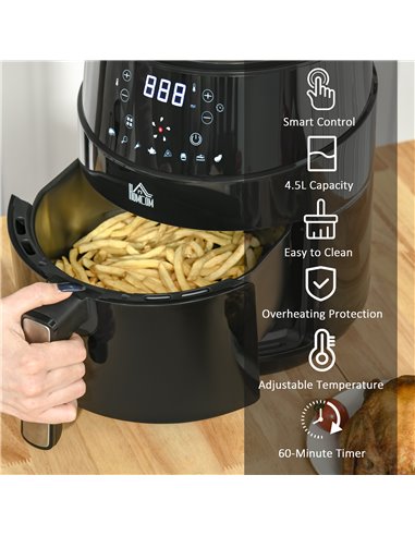 HOMCOM Compact 4.5L Digital Air Fryer, 1500W with Rapid Air Technology, Adjustable Settings & Nonstick Basket, Black 800-124V70