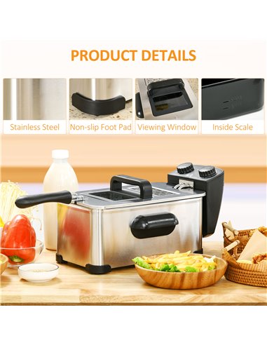 HOMCOM 3 Litre Stainless Steel Deep Fat Fryer with Adjustable Temp, 60min Timer, Viewing Window and Safety Cut Out, 2000W 800-17