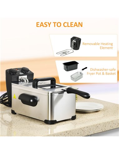 HOMCOM 3 Litre Stainless Steel Deep Fat Fryer with Adjustable Temp, 60min Timer, Viewing Window and Safety Cut Out, 2000W 800-17