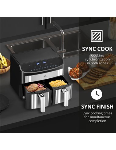 HOMCOM Dual Zone Air Fryer, 10-in-1 8L with Sync Cook & Sync Finish, 60-Minute Timer for Oil Free & Low Fat Cooking, 2400W 800-1
