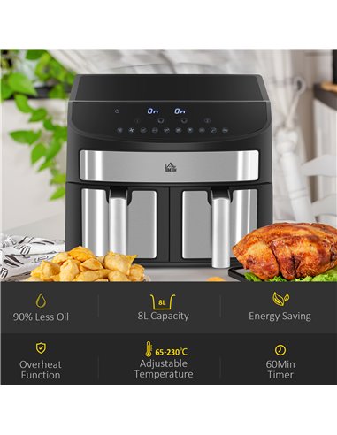 HOMCOM Dual Zone Air Fryer, 10-in-1 8L with Sync Cook & Sync Finish, 60-Minute Timer for Oil Free & Low Fat Cooking, 2400W 800-1
