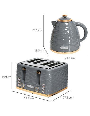 HOMCOM Kettle and Toaster Sets, 1600W 1.7L Rapid Boil Kettle & 4 Slice Toaster w/7 Browning Controls Defrost Reheat Crumb Tray O