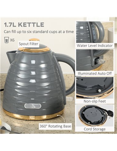 HOMCOM Kettle and Toaster Sets, 1600W 1.7L Rapid Boil Kettle & 4 Slice Toaster w/7 Browning Controls Defrost Reheat Crumb Tray O