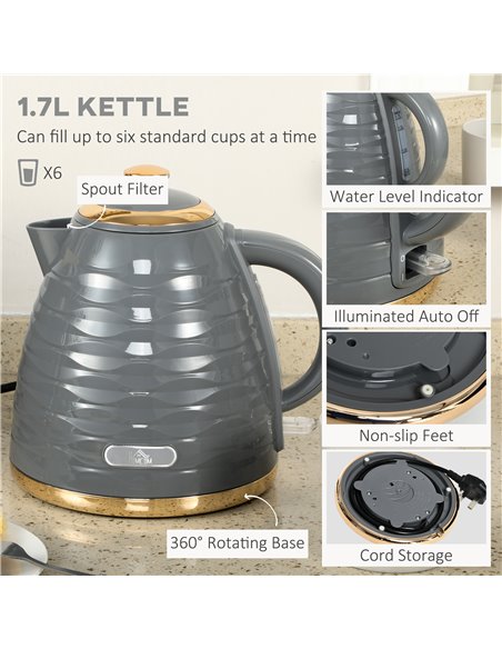 HOMCOM Kettle and Toaster Sets, 1600W 1.7L Rapid Boil Kettle & 4 Slice Toaster w/7 Browning Controls Defrost Reheat Crumb Tray O - pic 67168 | FastDaddyshop