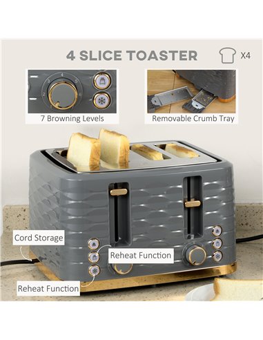 HOMCOM Kettle and Toaster Sets, 1600W 1.7L Rapid Boil Kettle & 4 Slice Toaster w/7 Browning Controls Defrost Reheat Crumb Tray O