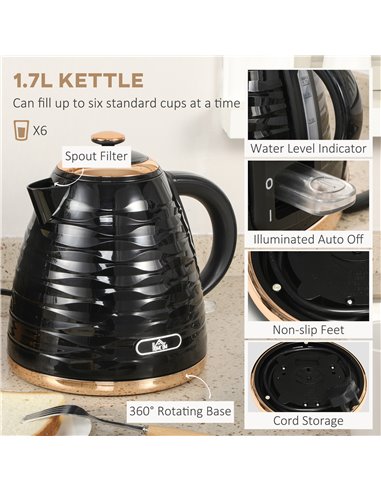 HOMCOM Kettle and Toaster Sets, 1600W 1.7L Rapid Boil Kettle & 4 Slice Toaster w/7 Browning Controls Defrost Reheat Crumb Tray O