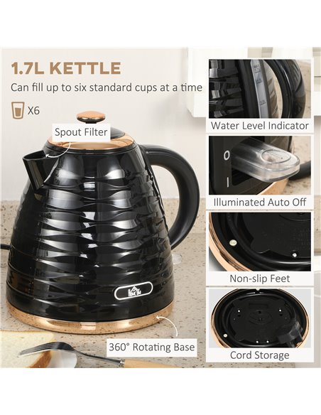 HOMCOM Kettle and Toaster Sets, 1600W 1.7L Rapid Boil Kettle & 4 Slice Toaster w/7 Browning Controls Defrost Reheat Crumb Tray O - pic 67177 | FastDaddyshop
