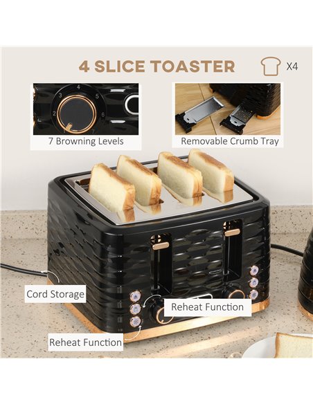 HOMCOM Kettle and Toaster Sets, 1600W 1.7L Rapid Boil Kettle & 4 Slice Toaster w/7 Browning Controls Defrost Reheat Crumb Tray O - pic 67178 | FastDaddyshop