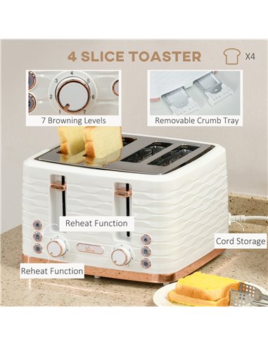 HOMCOM Kettle and Toaster Sets, 3000W 1.7L Rapid Boil Kettle & 4 Slice Toaster w/ 7 Browning Controls, Defrost, Reheat & Crumb T