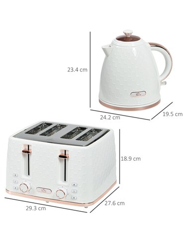 HOMCOM 1.7L 3000W Fast Boil Kettle & 4 Slice Toaster Set, Kettle and Toaster Set with 7 Browning Controls, Crumb Tray, White 800