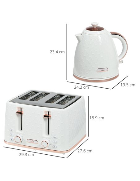 HOMCOM 1.7L 3000W Fast Boil Kettle & 4 Slice Toaster Set, Kettle and Toaster Set with 7 Browning Controls, Crumb Tray, White 800 - pic 67212 | FastDaddyshop