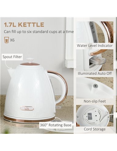 HOMCOM 1.7L 3000W Fast Boil Kettle & 4 Slice Toaster Set, Kettle and Toaster Set with 7 Browning Controls, Crumb Tray, White 800