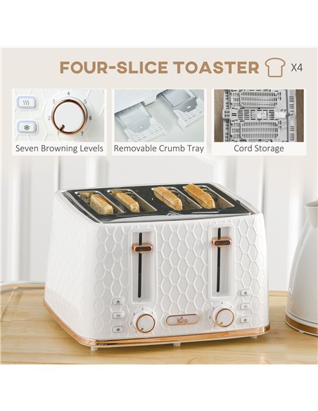 HOMCOM 1.7L 3000W Fast Boil Kettle & 4 Slice Toaster Set, Kettle and Toaster Set with 7 Browning Controls, Crumb Tray, White 800 - pic 67214 | FastDaddyshop