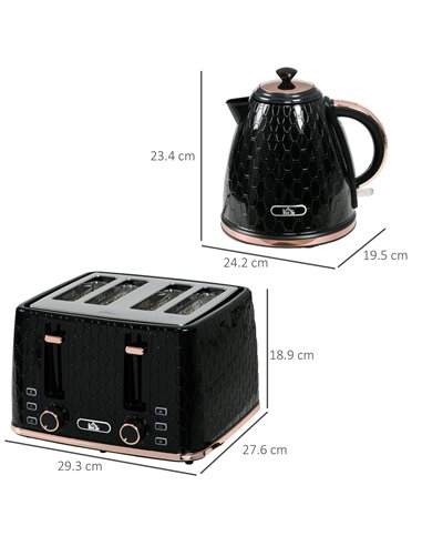 HOMCOM 1.7L 3000W Fast Boil Kettle & 4 Slice Toaster Set, Kettle and Toaster Set with 7 Browning Controls, Crumb Tray, Black 800