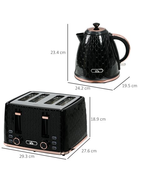 HOMCOM 1.7L 3000W Fast Boil Kettle & 4 Slice Toaster Set, Kettle and Toaster Set with 7 Browning Controls, Crumb Tray, Black 800 - pic 67221 | FastDaddyshop