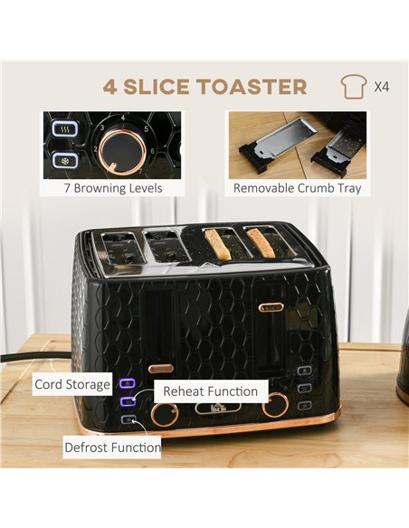 HOMCOM 1.7L 3000W Fast Boil Kettle & 4 Slice Toaster Set, Kettle and Toaster Set with 7 Browning Controls, Crumb Tray, Black 800 - pic 67223 | FastDaddyshop