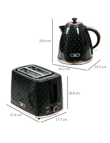 HOMCOM 1.7L 3000W Fast Boil Kettle & 2 Slice Toaster Set, Kettle and Toaster Set with Auto Shut Off, Browning Controls, Black 80