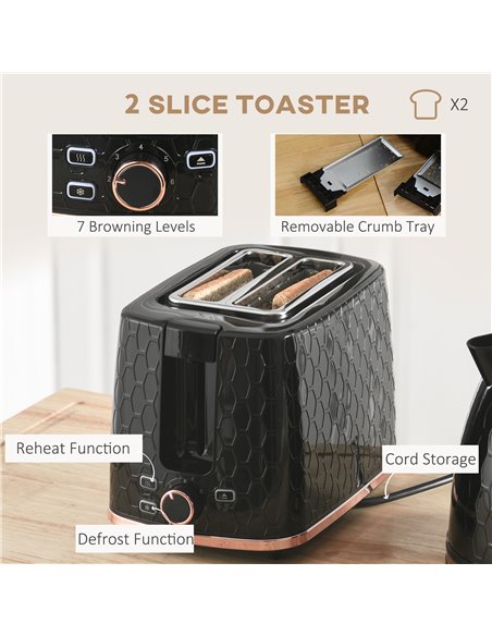 HOMCOM 1.7L 3000W Fast Boil Kettle & 2 Slice Toaster Set, Kettle and Toaster Set with Auto Shut Off, Browning Controls, Black 80 - pic 67241 | FastDaddyshop