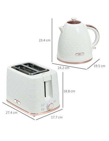 HOMCOM 1.7L 3000W Fast Boil Kettle & 2 Slice Toaster Set, Kettle and Toaster Set with Auto Shut Off, Browning Controls, White 80