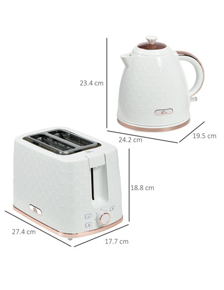 HOMCOM 1.7L 3000W Fast Boil Kettle & 2 Slice Toaster Set, Kettle and Toaster Set with Auto Shut Off, Browning Controls, White 80 - pic 67248 | FastDaddyshop