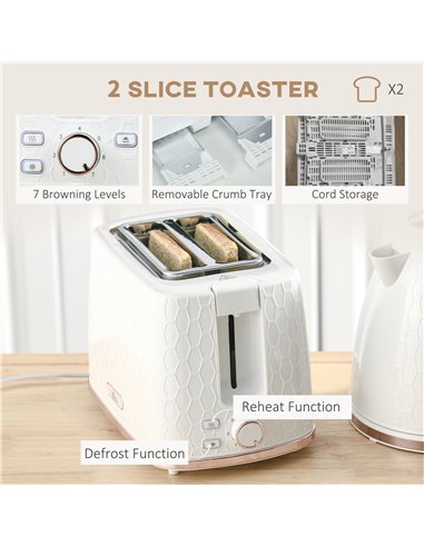 HOMCOM 1.7L 3000W Fast Boil Kettle & 2 Slice Toaster Set, Kettle and Toaster Set with Auto Shut Off, Browning Controls, White 80