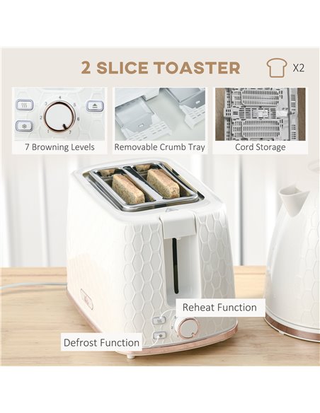 HOMCOM 1.7L 3000W Fast Boil Kettle & 2 Slice Toaster Set, Kettle and Toaster Set with Auto Shut Off, Browning Controls, White 80 - pic 67250 | FastDaddyshop