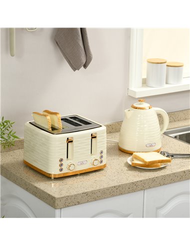 HOMCOM 3000W 1.7L Rapid Boil Kettle & 4 Slice Toaster, Kettle and Toaster Set with 7 Browning Controls and Crumb Tray, Beige 800