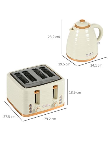 HOMCOM 3000W 1.7L Rapid Boil Kettle & 4 Slice Toaster, Kettle and Toaster Set with 7 Browning Controls and Crumb Tray, Beige 800