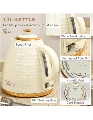 HOMCOM 3000W 1.7L Rapid Boil Kettle & 4 Slice Toaster, Kettle and Toaster Set with 7 Browning Controls and Crumb Tray, Beige 800