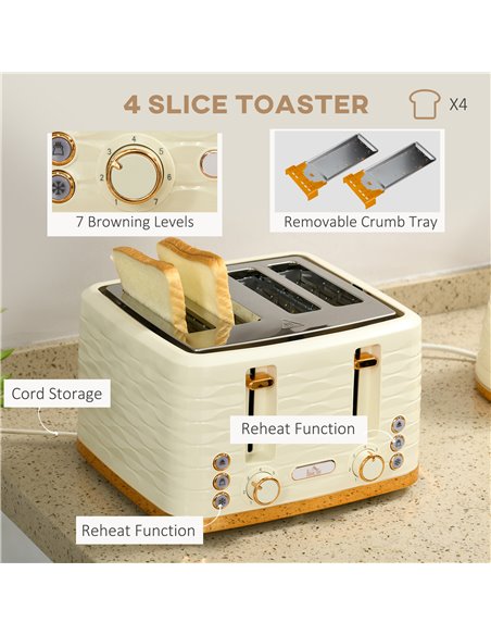 HOMCOM 3000W 1.7L Rapid Boil Kettle & 4 Slice Toaster, Kettle and Toaster Set with 7 Browning Controls and Crumb Tray, Beige 800 - pic 67268 | FastDaddyshop