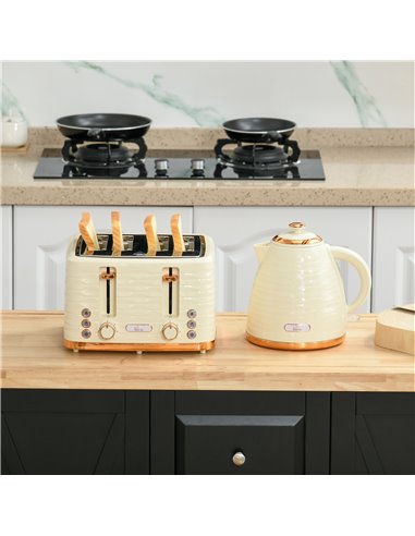 HOMCOM 3000W 1.7L Rapid Boil Kettle & 4 Slice Toaster, Kettle and Toaster Set with 7 Browning Controls and Crumb Tray, Beige 800