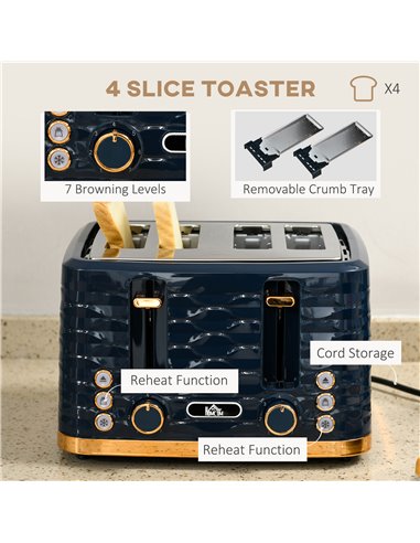 HOMCOM 3000W 1.7L Rapid Boil Kettle & 4 Slice Toaster, Kettle and Toaster Set with 7 Browning Controls and Crumb Tray, Blue 800-