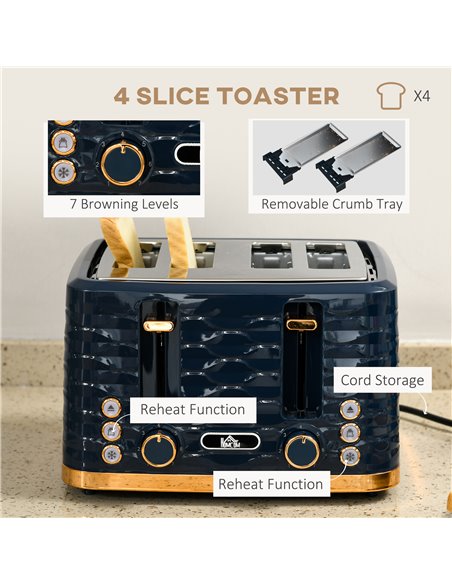 HOMCOM 3000W 1.7L Rapid Boil Kettle & 4 Slice Toaster, Kettle and Toaster Set with 7 Browning Controls and Crumb Tray, Blue 800- - pic 67277 | FastDaddyshop