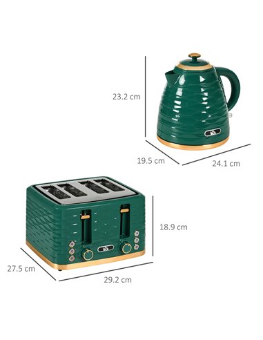 HOMCOM 3000W 1.7L Rapid Boil Kettle & 4 Slice Toaster, Kettle and Toaster Set with 7 Browning Controls and Crumb Tray, Green 800