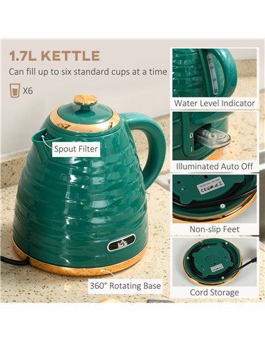 HOMCOM 3000W 1.7L Rapid Boil Kettle & 4 Slice Toaster, Kettle and Toaster Set with 7 Browning Controls and Crumb Tray, Green 800