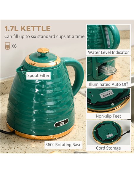 HOMCOM 3000W 1.7L Rapid Boil Kettle & 4 Slice Toaster, Kettle and Toaster Set with 7 Browning Controls and Crumb Tray, Green 800 - pic 67285 | FastDaddyshop