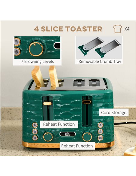 HOMCOM 3000W 1.7L Rapid Boil Kettle & 4 Slice Toaster, Kettle and Toaster Set with 7 Browning Controls and Crumb Tray, Green 800 - pic 67286 | FastDaddyshop