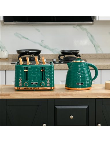 HOMCOM 3000W 1.7L Rapid Boil Kettle & 4 Slice Toaster, Kettle and Toaster Set with 7 Browning Controls and Crumb Tray, Green 800