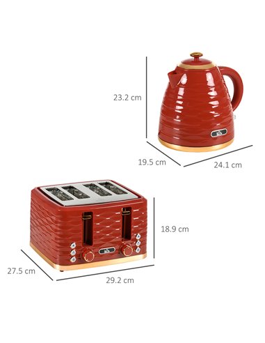 HOMCOM 3000W 1.7L Rapid Boil Kettle & 4 Slice Toaster, Kettle and Toaster Set with 7 Browning Controls and Crumb Tray, Red 800-1