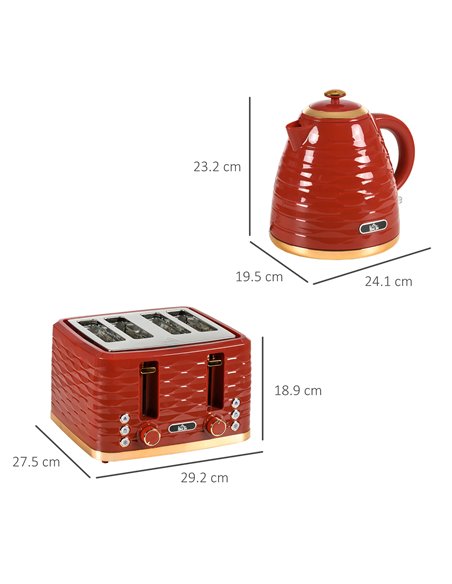 HOMCOM 3000W 1.7L Rapid Boil Kettle & 4 Slice Toaster, Kettle and Toaster Set with 7 Browning Controls and Crumb Tray, Red 800-1 - pic 67293 | FastDaddyshop