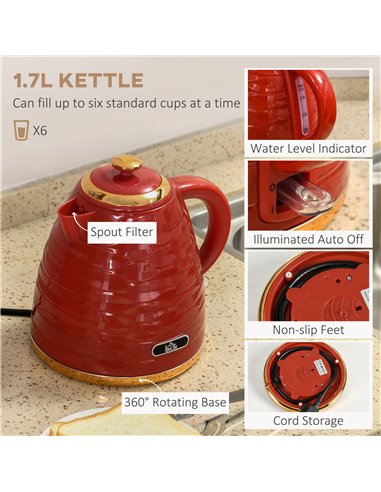 HOMCOM 3000W 1.7L Rapid Boil Kettle & 4 Slice Toaster, Kettle and Toaster Set with 7 Browning Controls and Crumb Tray, Red 800-1