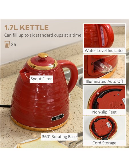 HOMCOM 3000W 1.7L Rapid Boil Kettle & 4 Slice Toaster, Kettle and Toaster Set with 7 Browning Controls and Crumb Tray, Red 800-1 - pic 67294 | FastDaddyshop