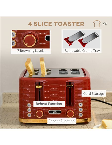 HOMCOM 3000W 1.7L Rapid Boil Kettle & 4 Slice Toaster, Kettle and Toaster Set with 7 Browning Controls and Crumb Tray, Red 800-1 - pic 67295 | FastDaddyshop