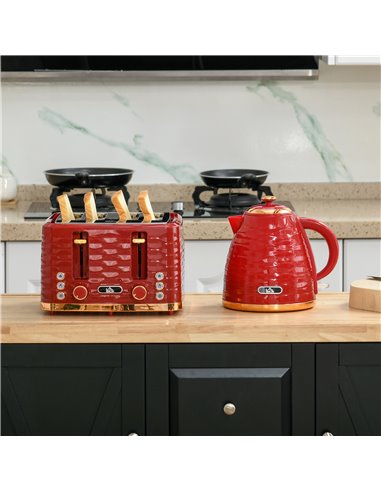 HOMCOM 3000W 1.7L Rapid Boil Kettle & 4 Slice Toaster, Kettle and Toaster Set with 7 Browning Controls and Crumb Tray, Red 800-1