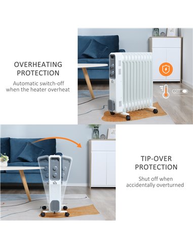 HOMCOM 2720W Oil Filled Radiator, Portable Electric Heater w/ 3 Heat Settings, Adjustable Thermostat, Safe Power-Off, 11 Fins 82
