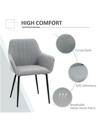 HOMCOM Dining Chairs Upholstered Linen Fabric Accent Chairs with Metal Legs, Set of 2, Light Grey 835-290V71