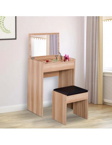 Homcom Dressing Table Set with Padded Stool and Flip-up Mirror, Wood Grain