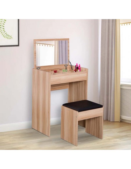Homcom Dressing Table Set with Padded Stool and Flip-up Mirror, Wood Grain - pic 6739 | FastDaddyshop