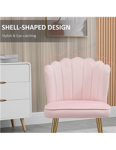 HOMCOM Velvet-Feel Shell Luxe Accent Chair, Glam Vanity Chair Makeup Seat, Home Bedroom Lounge with Metal Legs Comfort Padding, 
